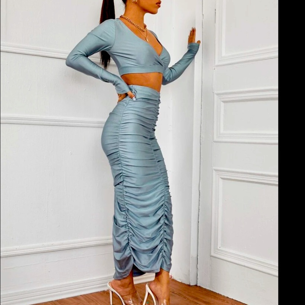 Two piece ruched skirt set and crop top